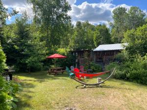 eine Hängematte und ein Picknicktisch in einem Hof in der Unterkunft La maison des Coteaux in LʼAnse-Saint-Jean