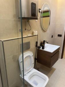 a bathroom with a toilet and a sink and a mirror at STUDIO HIGH LuX 01 in Tangier