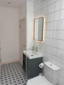 a bathroom with a sink and a mirror and a toilet at Bristol Harbour, 2 bedroom townhouse with Parking in Bristol