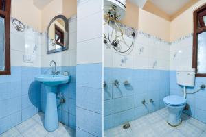 two pictures of a bathroom with a toilet and a sink at Hotel O Krishna Monal Delightful Stay in Shimla