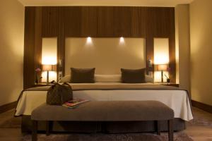 
a hotel room with a bed and a dresser at Gran Hotel Balneario De Puente Viesgo in Puente Viesgo
