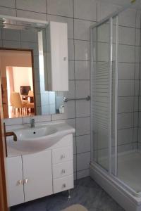 a bathroom with a sink and a glass shower at Apartments with WiFi Postup, Peljesac - 23780 in Orebić