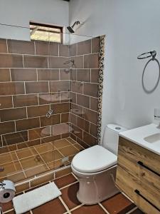 a bathroom with a shower with a toilet and a sink at Posada San Miguel in Orocué