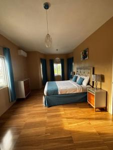a bedroom with a bed and a lamp on a wooden floor at Sorina's Apartments in Ocho Rios +69 photos