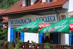 dos sombrillas verdes frente a un restaurante en Oberża Pod Kudłatym Aniołem, en Cisna