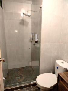 a bathroom with a shower with a toilet at APARTAMENTO, EL RODADERO, SANTA MARTA, COLOMBIA in Rodadero