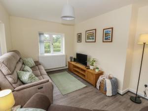 a living room with a couch and a television at Glandwr House in Llandrindod Wells