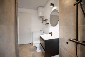 a bathroom with a toilet and a sink and a mirror at 12215-Sjaellands-Odde-Granitager-8 in Tjørneholm +15 photos