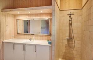a bathroom with a sink and a mirror and a shower at 10010-1-Rorvig-Sommervej-3 in Rørvig