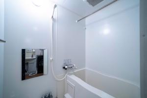 een witte badkamer met een wastafel en een spiegel bij Anax Nord 203 in Sapporo