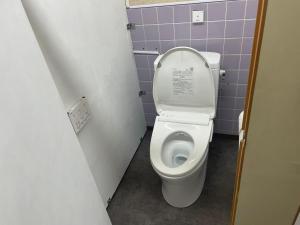 a bathroom with a toilet with purple tiles on the wall at みなと館 華 in Sukumo