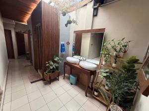 La salle de bains est pourvue de 2 lavabos, d'un miroir et de plantes. dans l'établissement Buton Backpacker Lodge, à Bandung 36 autres photos