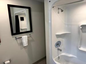 a bathroom with a shower with a sink and a mirror at Burk's Fall River View 2b2b in Burks Falls