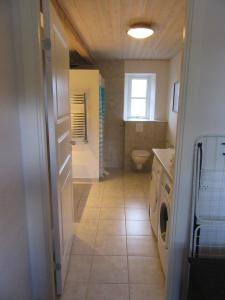 a bathroom with a toilet and a sink and a washing machine at Hedelodden Apartment in Uve +17 photos