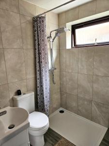 a bathroom with a toilet and a sink and a shower at Cosy 3 Bedroom Bungalow with Private Parking and Rear Garden in Milton Keynes
