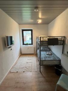 a room with bunk beds and a flat screen tv at Mikro Apartment Großenhain in Großenhain