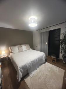 a bedroom with a large white bed and a lamp at Quiniere - 25 m2 indépendant avec piscine - Wifi in Blois +25 photos