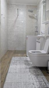 un bagno bianco con wc e doccia di Апартаменти для сімейного відпочинку a Jaremče