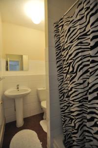 a bathroom with a zebra print shower curtain and a sink at The Bunkroom in Chester