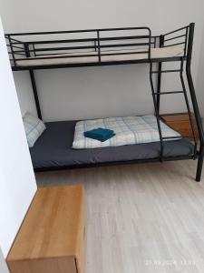 フライベルクにあるWohnen-in-der-Uni-Silber-und-Welterbestadt-Freiberg-Whg-4の二段ベッドが備わるウッドフロアの客室です。