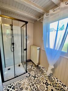 a shower with a glass door in a room at Le refuge Alsace au pied des Vosges animaux ok in Urbès