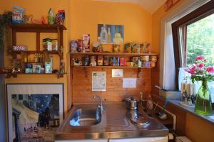 a kitchen with a sink and a fireplace at Frauenpension Arleta - Women only in Goslar +148 photos