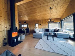 un soggiorno con divano e camino di Moderne leilighet i Vestlia-Ski in ski out a Geilo