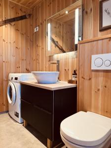 un bagno con WC e lavatrice di Moderne leilighet i Vestlia-Ski in ski out a Geilo Altre 35 foto