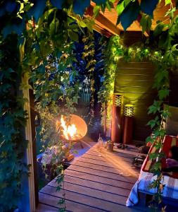 un patio con banco, plantas y luces en Kleine Landhaus-Perle am Schlosspark, en Eutin