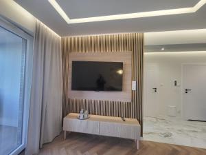 a living room with a television on a wall at Apartaments by Ola in Radom