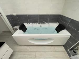a bath tub in a tiled bathroom with a tub at Charme Lake Loft in Ispra +33 photos