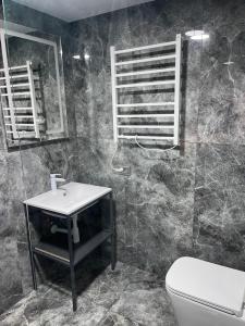 Family cottage في يابلونيتسيا: حمام مع حوض ومرحاض