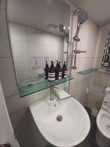 a bathroom with a sink and a mirror and a toilet at Shinhwahouse 5 mins from Seoul Station in Seoul