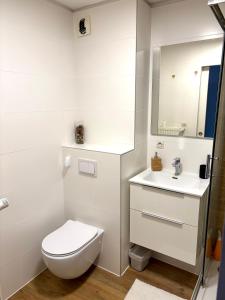 a white bathroom with a toilet and a sink at Une Place A Part in Obernai +15 photos