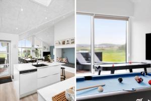 a kitchen and a living room with a pool table at LK2026-Lokken-Kringelbaekvej-18 in Løkken