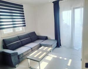 a living room with a blue couch and a table at Apartmani Bradaric Hvar in Gdinj