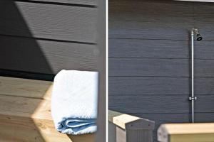 two pictures of a towel next to a door at G219-Lemvig-Skovstjernevej-19 in Lemvig +17 photos