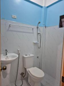a bathroom with a toilet and a shower and a sink at Mandy in Tuguegarao City
