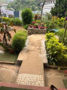 a garden with potted plants and a walk way at Periyar Cottage in Munnar