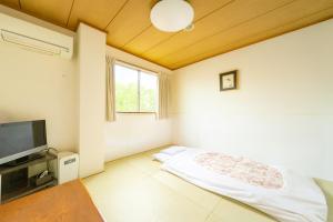 a white room with a bed and a television at Business Hotel Takizawa Takasaki Station Nishiguchi in Takasaki