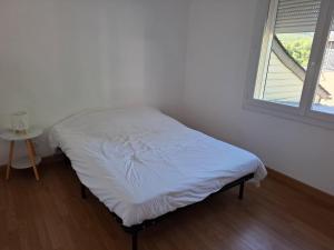 a white bed in a room with a window at Maison de vacances in Lacaune