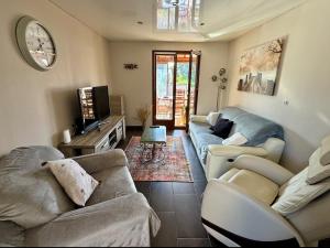 a living room with two couches and a tv at Maison familiale, authentique, confort et calme in Sundhoffen