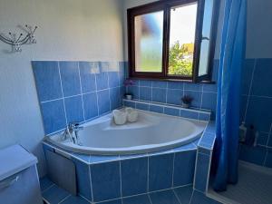 a blue tiled bathroom with a tub and a window at Maison familiale, authentique, confort et calme in Sundhoffen +36 photos