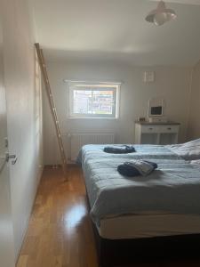 ein Schlafzimmer mit 2 Betten und einer Leiter darin in der Unterkunft Home Sweet Home- center, sea view, sauna, balcony in Mariehamn + 44 Fotos