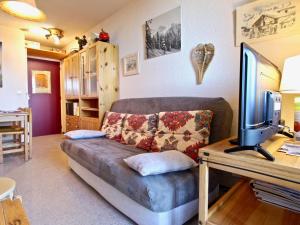 シャンルッスにあるStudio cabine 4 pers, pied des pistes, balcon exposé sud - FR-1-340-95のソファとテレビのあるリビングルーム