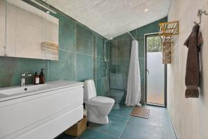 a bathroom with a toilet and a sink and a shower at FJ1012-Jaegerspris-Mathiesens-Enghave-22 in Jægerspris +21 photos