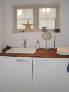 um balcão de casa de banho com um lavatório e uma janela em Trolleberg Bed & Breakfast em Veberöd