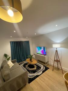a living room with a couch and a television at Cozy 1 bedroom flat in city centre in Birmingham