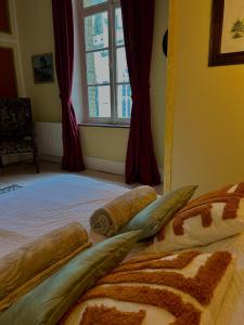 a bedroom with a bed with pillows and a window at Le Palais de la Cathédrale in Saint-Omer +4 photos
