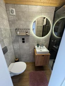 a bathroom with a sink and a toilet and a mirror at Domki Przy Brzegu Chłapowo in Władysławowo